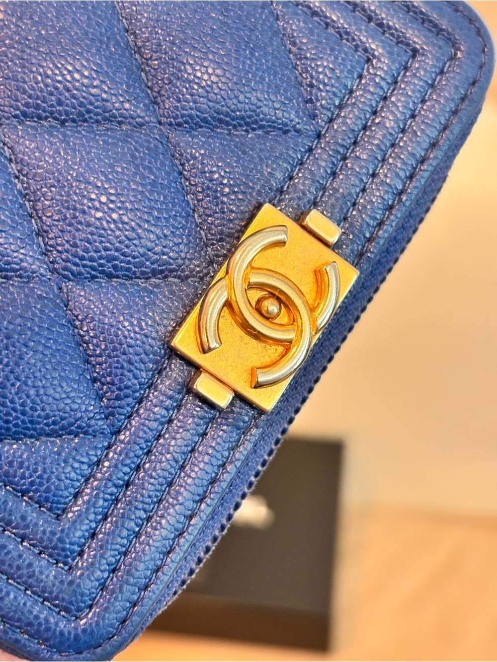 CHANEL Boy Blue Caviar Quilted Leather Zip Around Coin Purse Wallet W/ Box - Picture 4 of 16